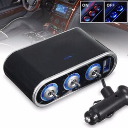 3-way Cigarette Lighter Socket Splitter Car USB Charger DC 12V 24V LED Switch