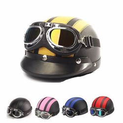 Leather Helmet With Motorcycle Half Open Face Sun Visor Goggles