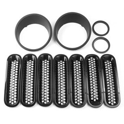 Grill Front Black 11Pcs Insert Cover for Jeep Wrangler JK Grille Headlight Trim